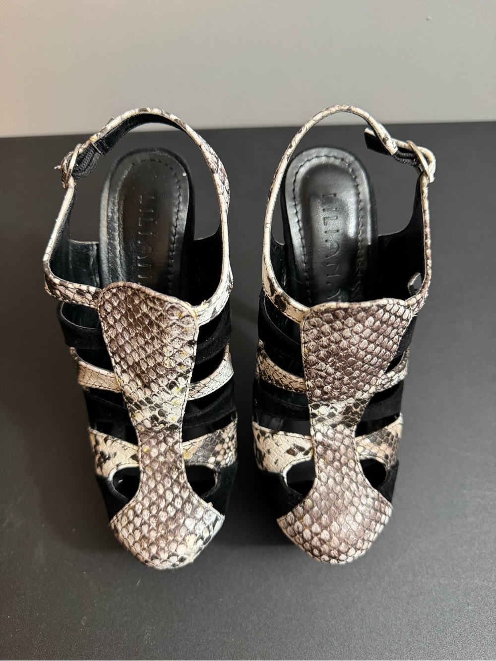 Liliana Black and Snake-Print Strappy Slingback Heels